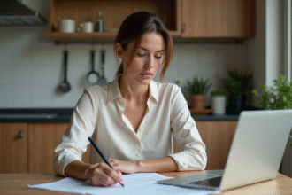 Femme remplissant des papiers administratifs à la maison