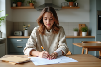 Femme remplissant des papiers dans sa cuisine moderne