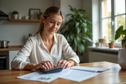 Femme en cuisine examinant des documents de prêt immobilier