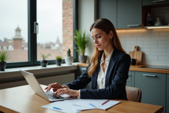 Femme professionnelle en blazer travaillant à la maison