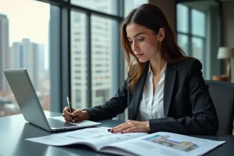 Femme professionnelle compare deux rapports immobiliers