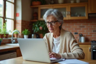 Femme mature examinant attentivement une annonce de maison à donner gratuitement sur un ordinateur portable
