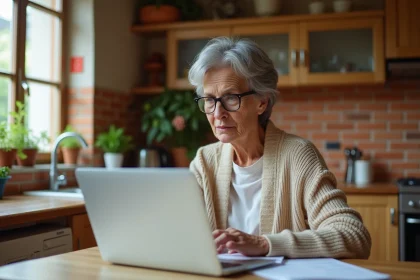 Femme mature examinant attentivement une annonce de maison à donner gratuitement sur un ordinateur portable
