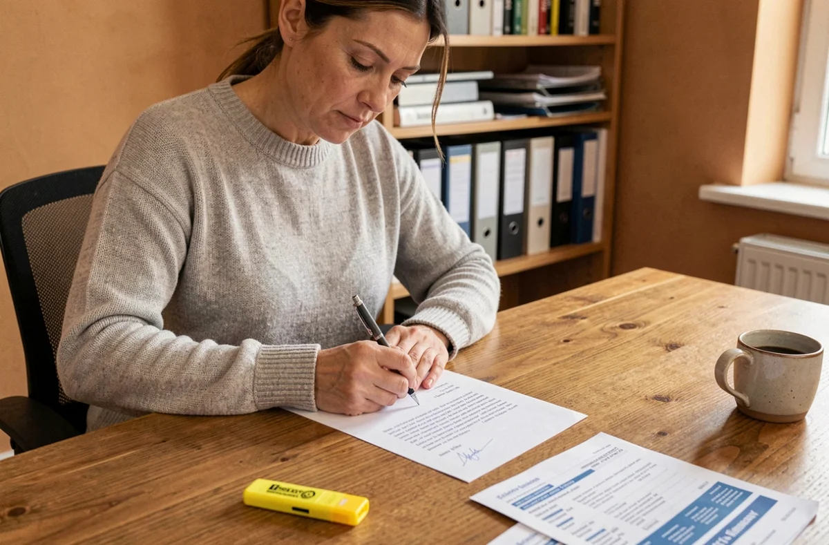 Femme rédigeant une lettre de résiliation d'assurance habitation à son bureau à domicile
