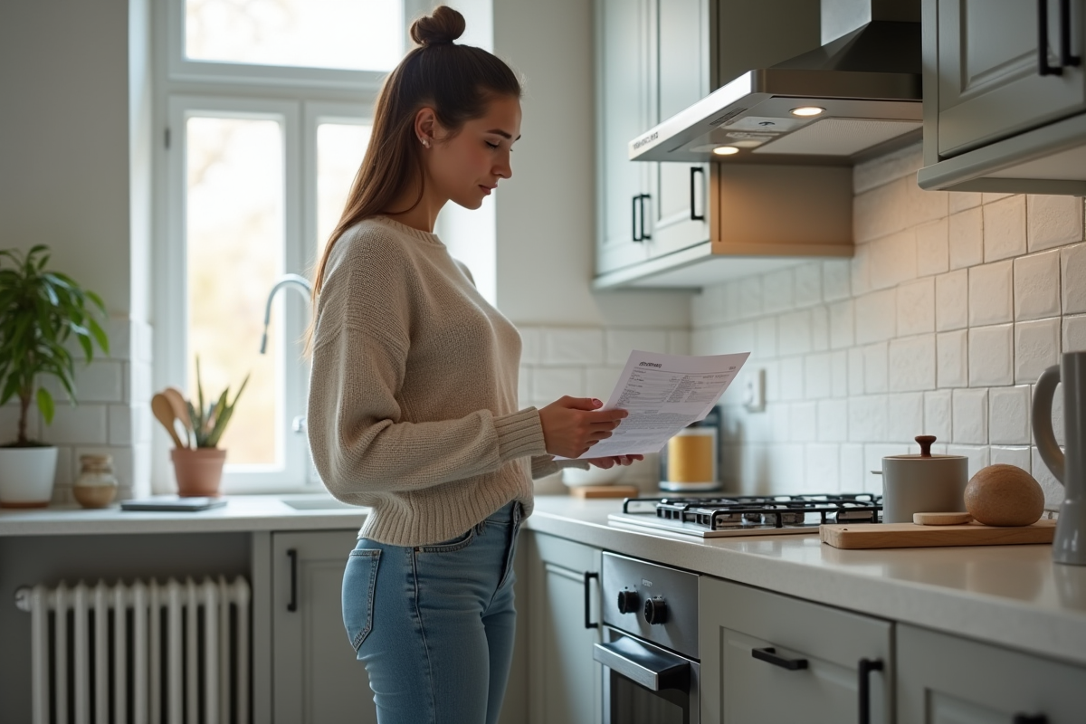 Jeune femme regardant une facture près d’un radiateur dans la cuisine