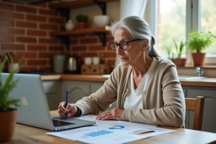 Femme retraitée consultant une simulation viager sur ordinateur à sa table de cuisine