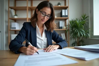 Femme professionnelle révisant un pré état daté vierge sur un bureau en bois dans un bureau à domicile