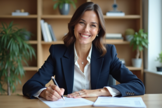 Femme professionnelle signant un document de mortgage dans un bureau lumineux