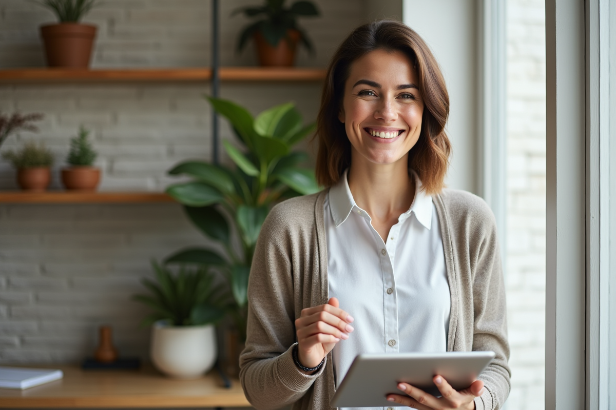 Femme souriante consulte des annonces immobilières sur une tablette