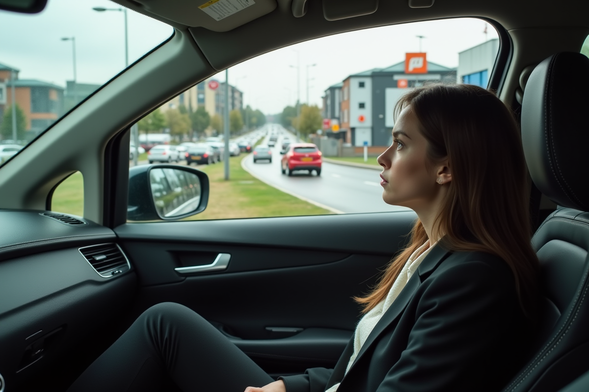 Jeune femme frustrée dans une voiture au rond-point