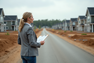 Femme réfléchissant devant une route en construction