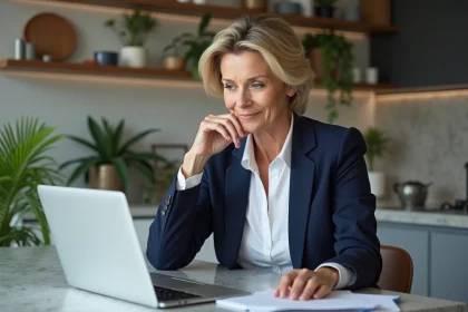 Femme confiante en blazer bleu examine des résultats immobiliers