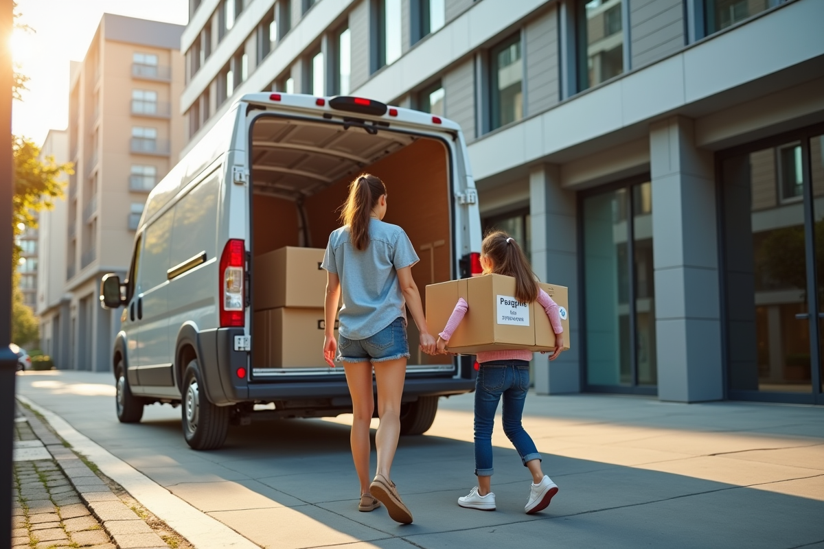 Jeune femme et fille portant des cartons vers un centre de stockage urbain