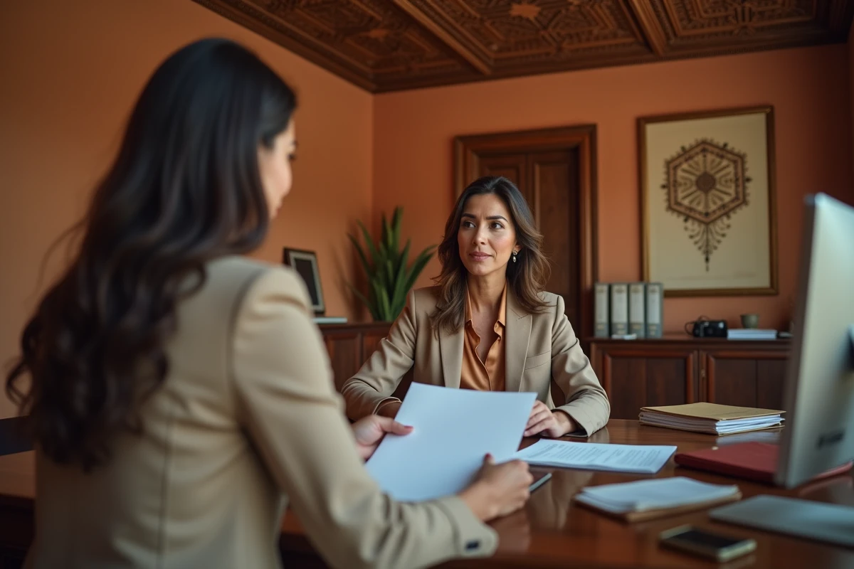 Investisseuse étrangère signant un accord de financement immobilier avec un notaire marocain dans un bureau traditionnel à Marrakech