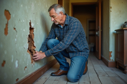 Homme d'âge moyen inspectant une fissure dans un mur intérieur ancien