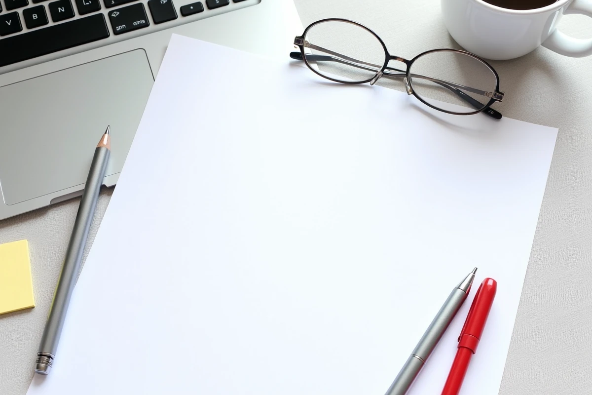 Vue de dessus d'un formulaire pré état daté vierge Word prêt à remplir avec stylos et lunettes sur bureau minimaliste