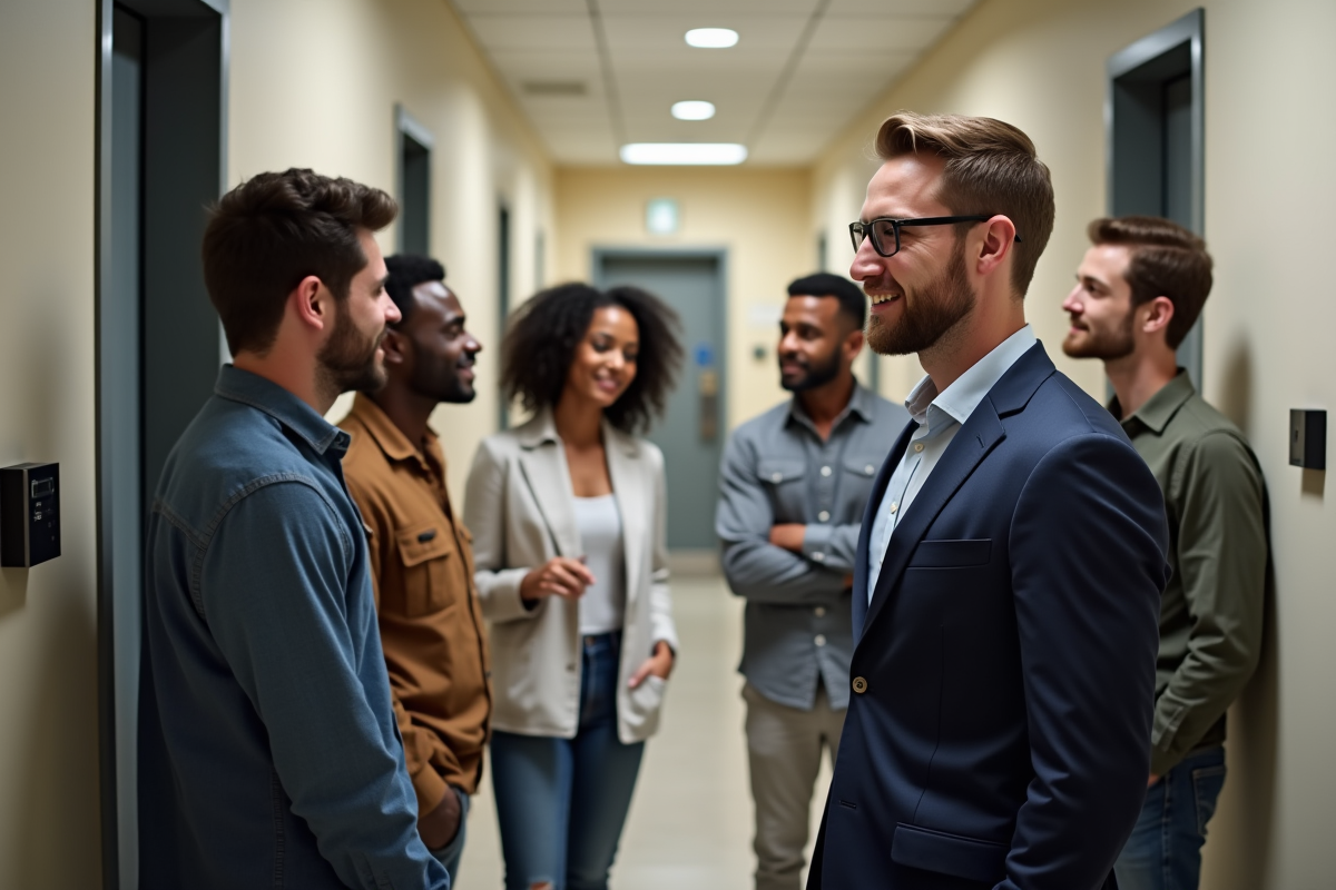 Gestionnaire immobilier avec groupe dans un couloir rénové