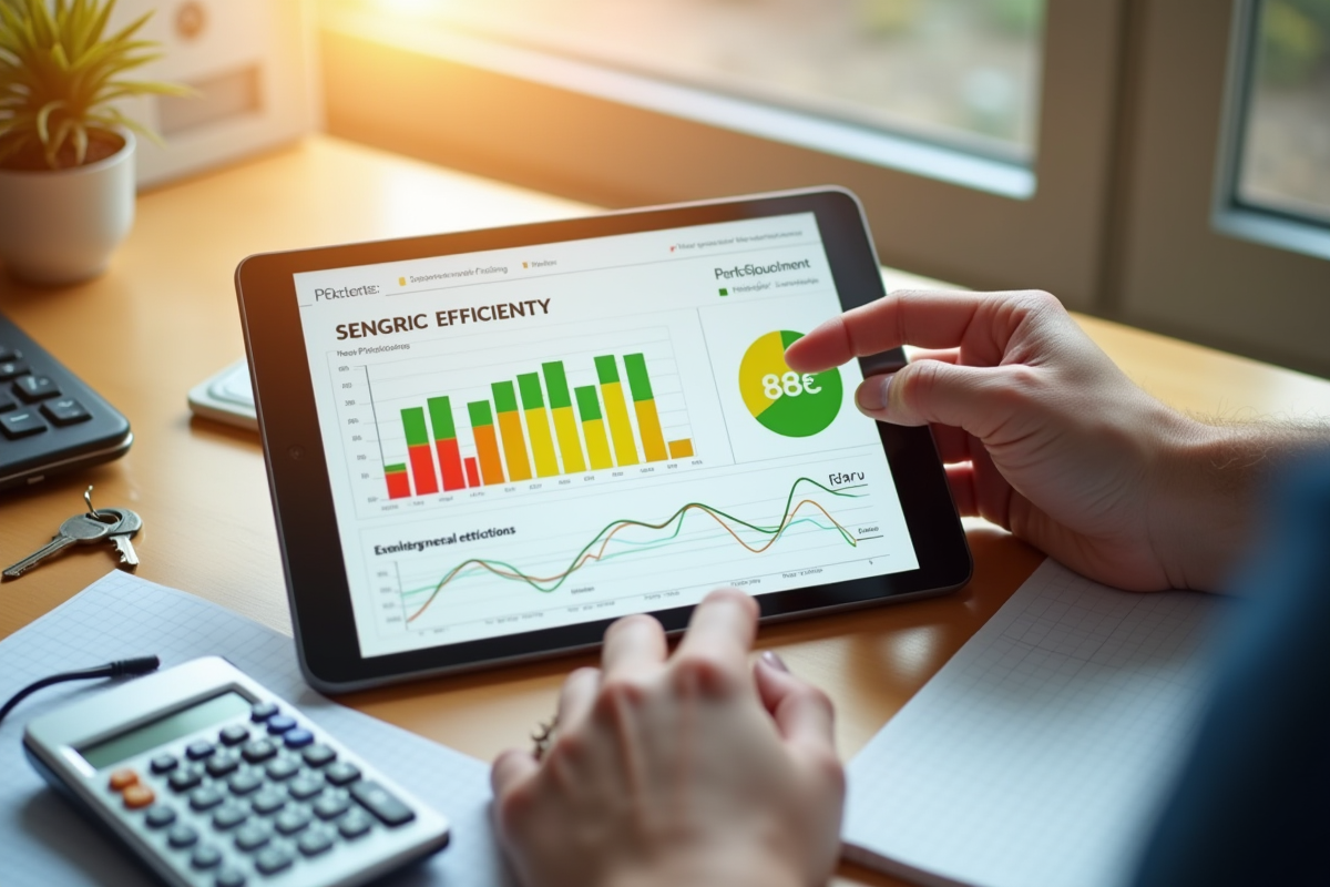Main tenant une tablette avec graphique d efficacité énergétique