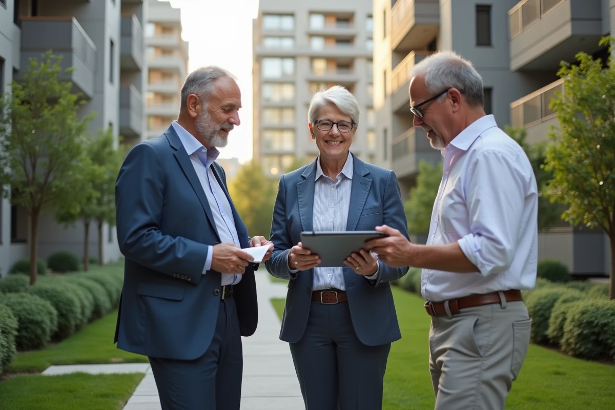 Groupe de résidents discutant dans une cour intérieure