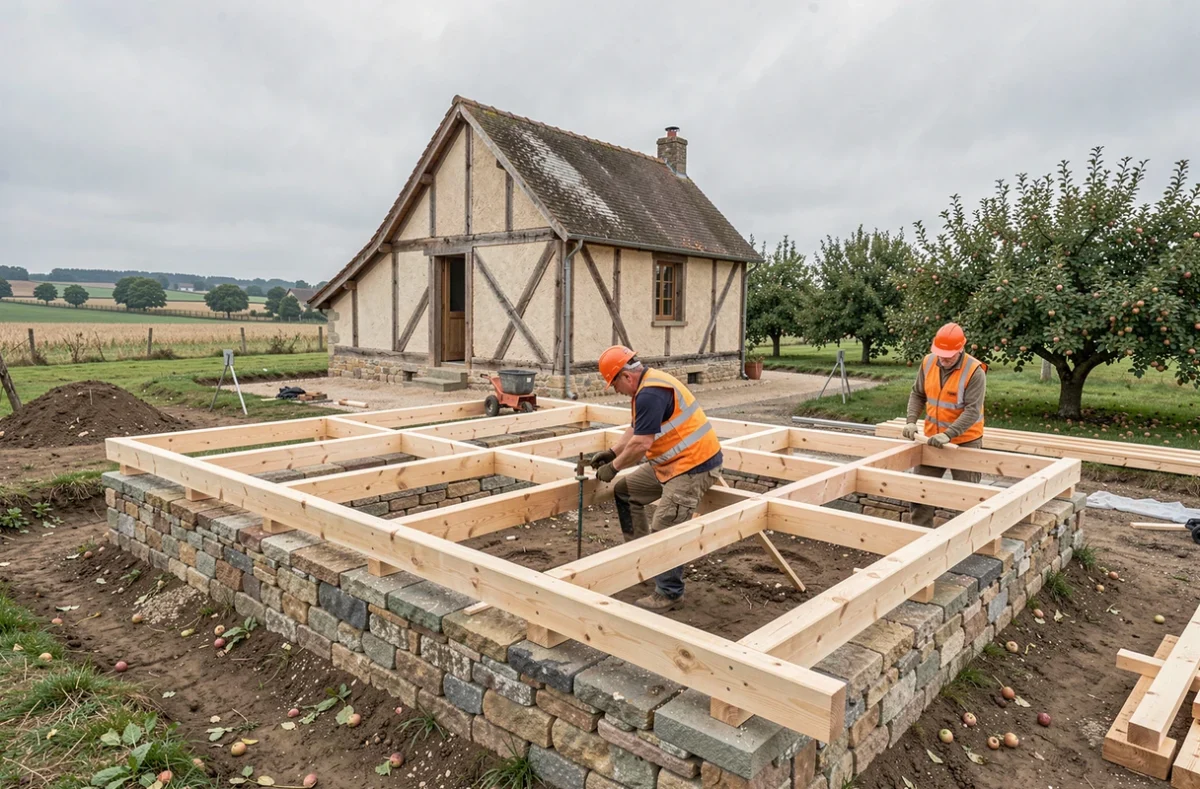 Ouvriers en gilets orange assemblant la charpente d'une maison individuelle normande sur un chantier de Gueudry Constructions en Calvados