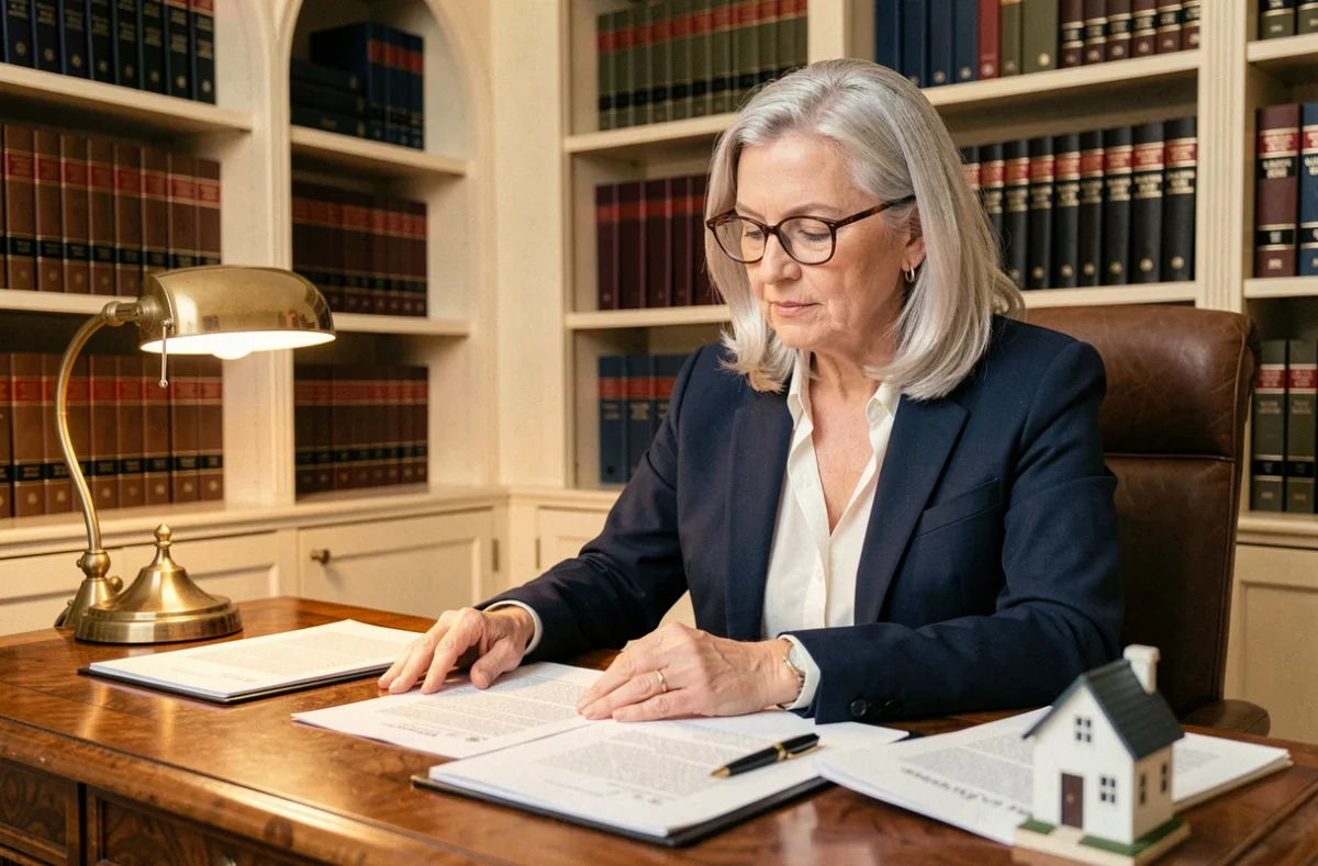 Femme âgée consultant des documents juridiques chez un notaire pour une habilitation familiale et vente de maison