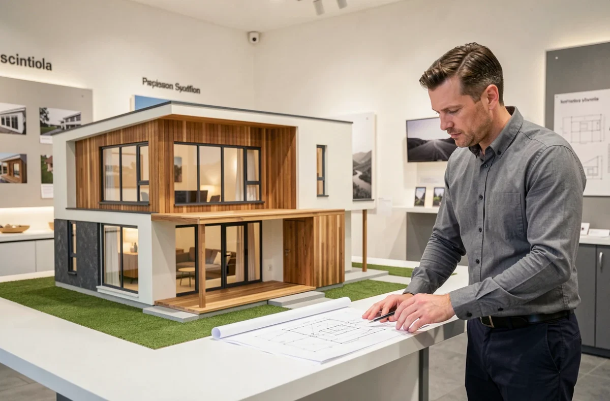 Architecte présentant une maquette de maison individuelle contemporaine dans le showroom d'Habitat Concept du groupe BDL