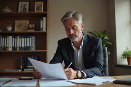 Homme d'affaires lisant des documents fiscaux dans son bureau