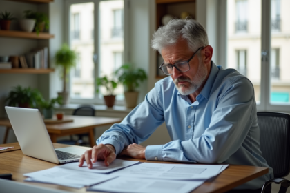 Homme d'affaires examinant des documents dans un appartement parisien