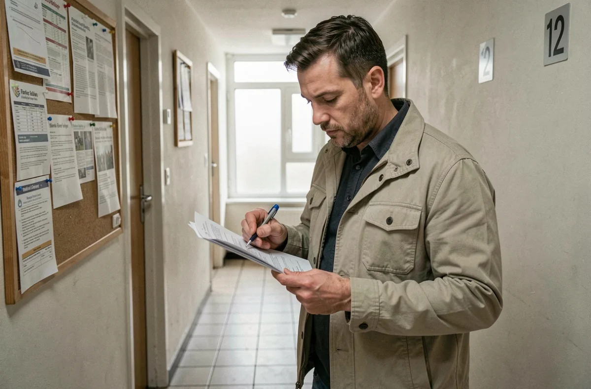 Homme lisant et annotant une petite annonce de colocation imprimée dans le couloir d'un immeuble résidentiel