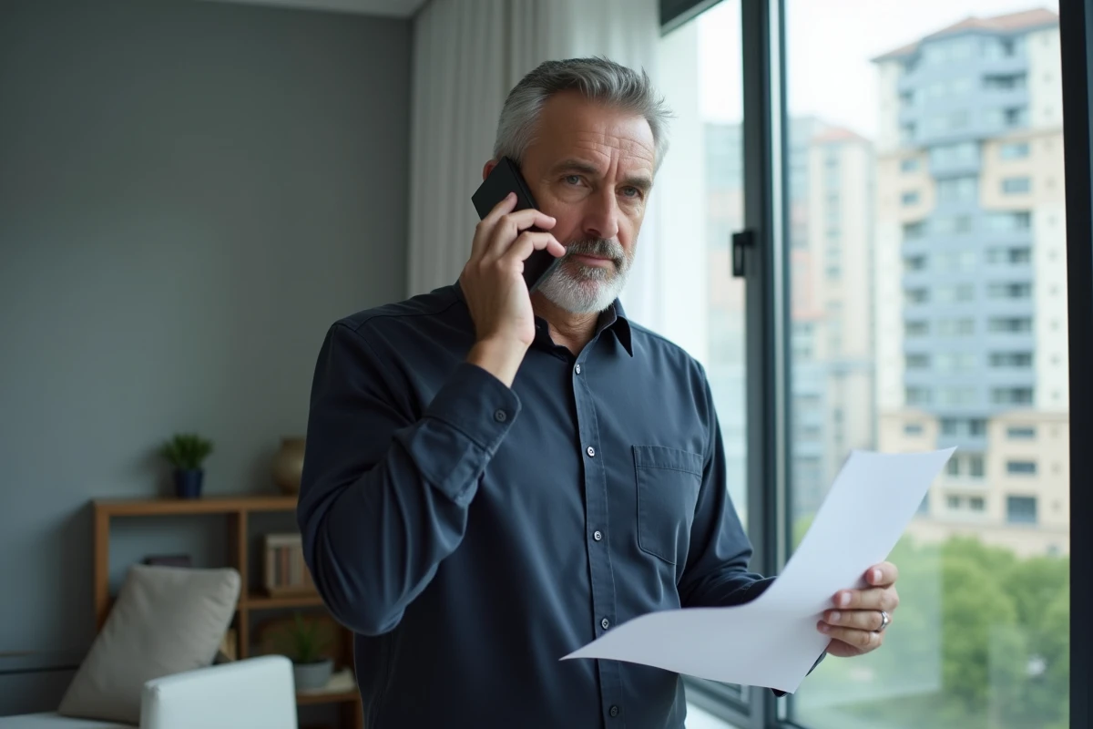 Homme en appartement relançant son bailleur par téléphone après avis favorable de commission d'attribution HLM