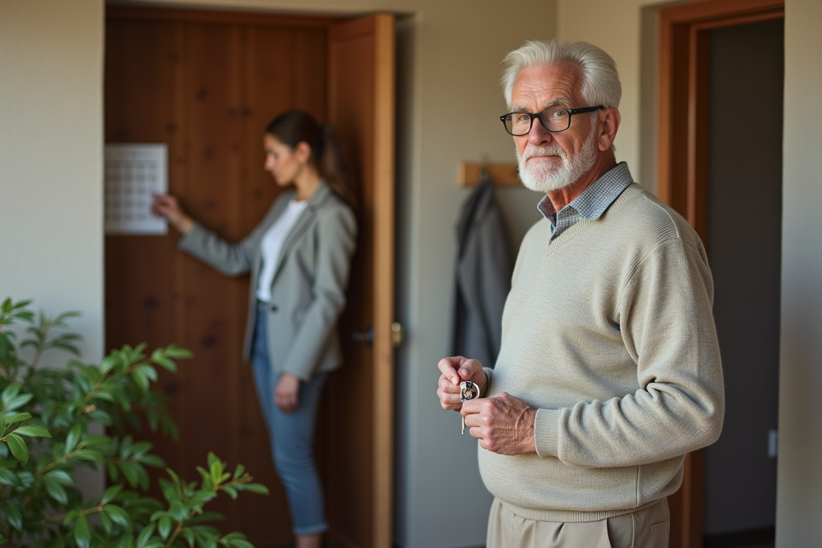 Homme âgé avec clés devant une maison de banlieue