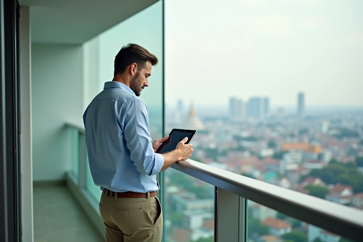 Homme européen regardant la ville depuis un balcon à Bangkok