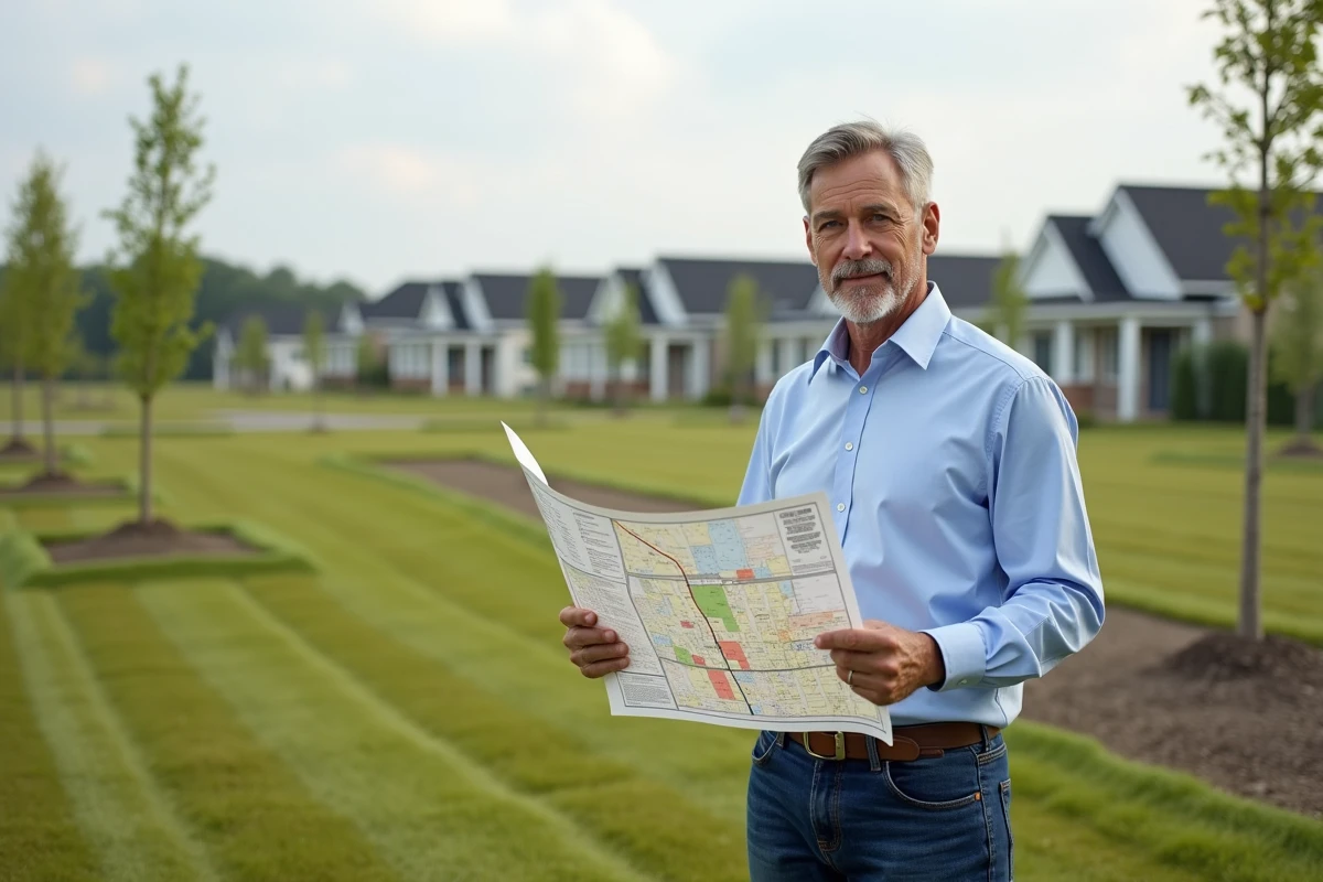 Homme avec carte immobiliere sur site résidentiel