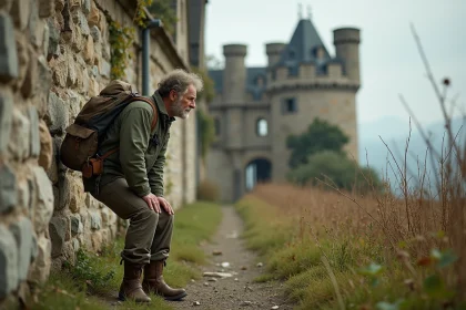 Homme en randonnée examinant un château en ruine en France