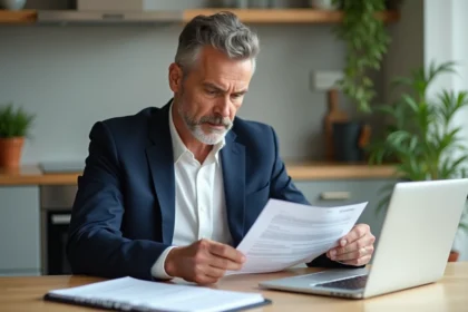 Homme d'âge moyen vérifiant un contrat de location dans une cuisine moderne