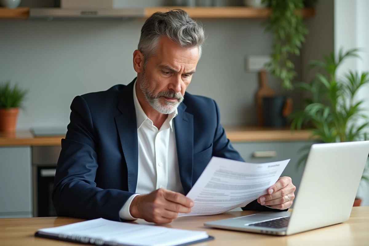Homme d'âge moyen vérifiant un contrat de location dans une cuisine moderne