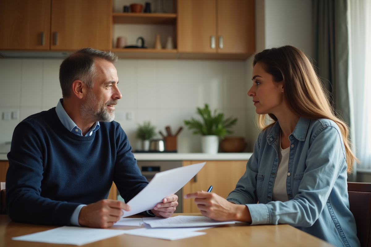 Homme discutant avec agent immobilier dans sa cuisine