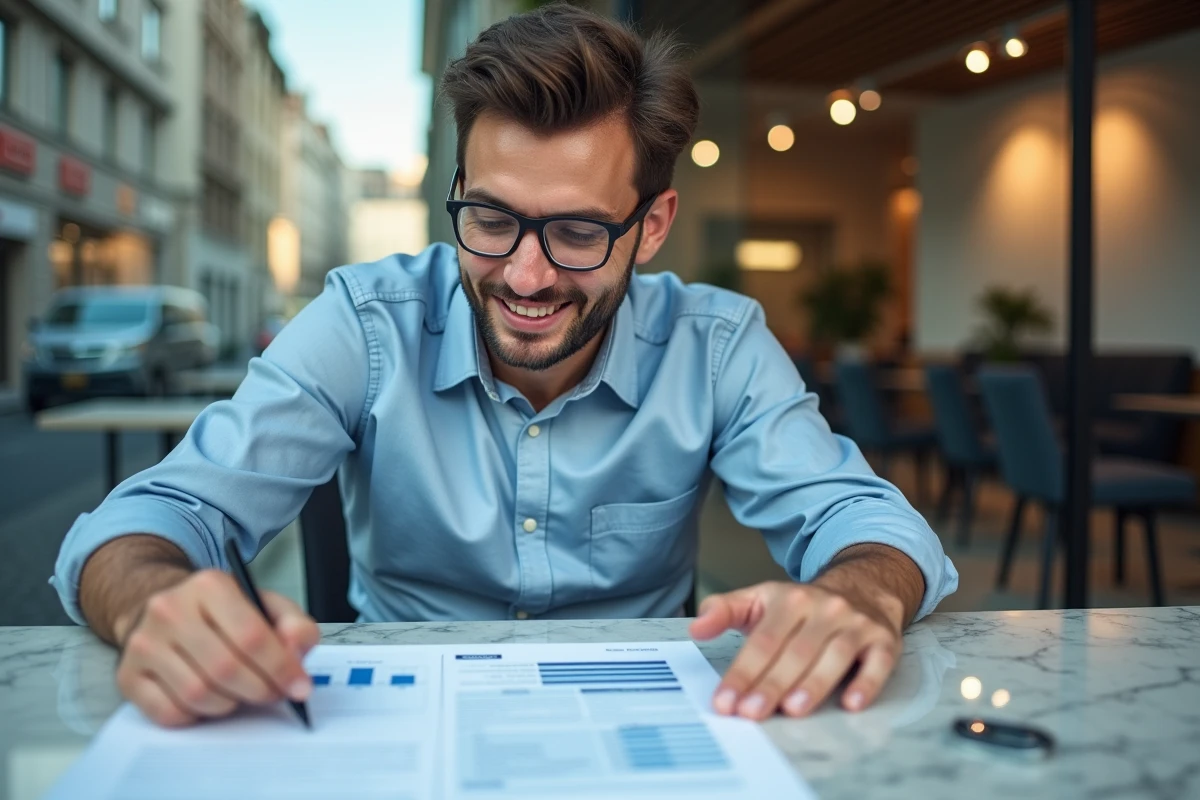 Homme vérifiant des documents de mortgage à la banque
