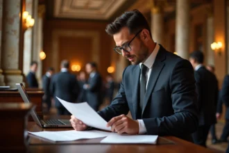 Homme en costume examinant des documents lors d'une vente aux enchères