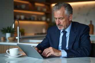 Homme d'âge moyen en costume bleu assis à une table moderne