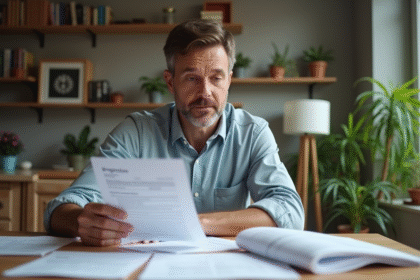 Homme d'âge moyen examine des papiers d'impôts à la maison