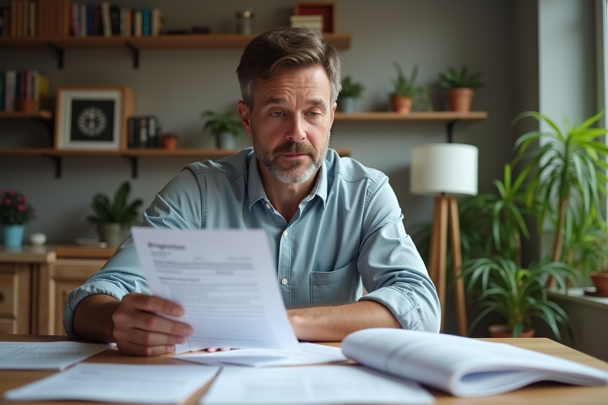 Homme d'âge moyen examine des papiers d'impôts à la maison