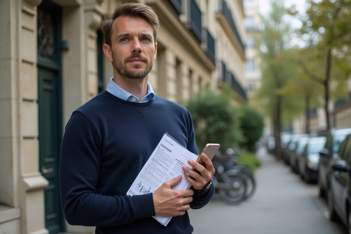 Homme devant un immeuble parisien consultant une annonce de location soumise à l'encadrement des loyers