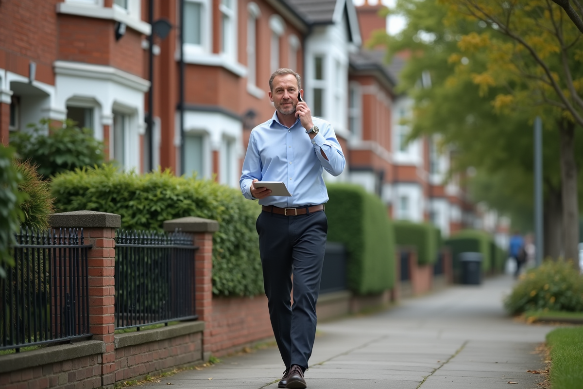 Consultant immobilier marchant dans une rue résidentielle