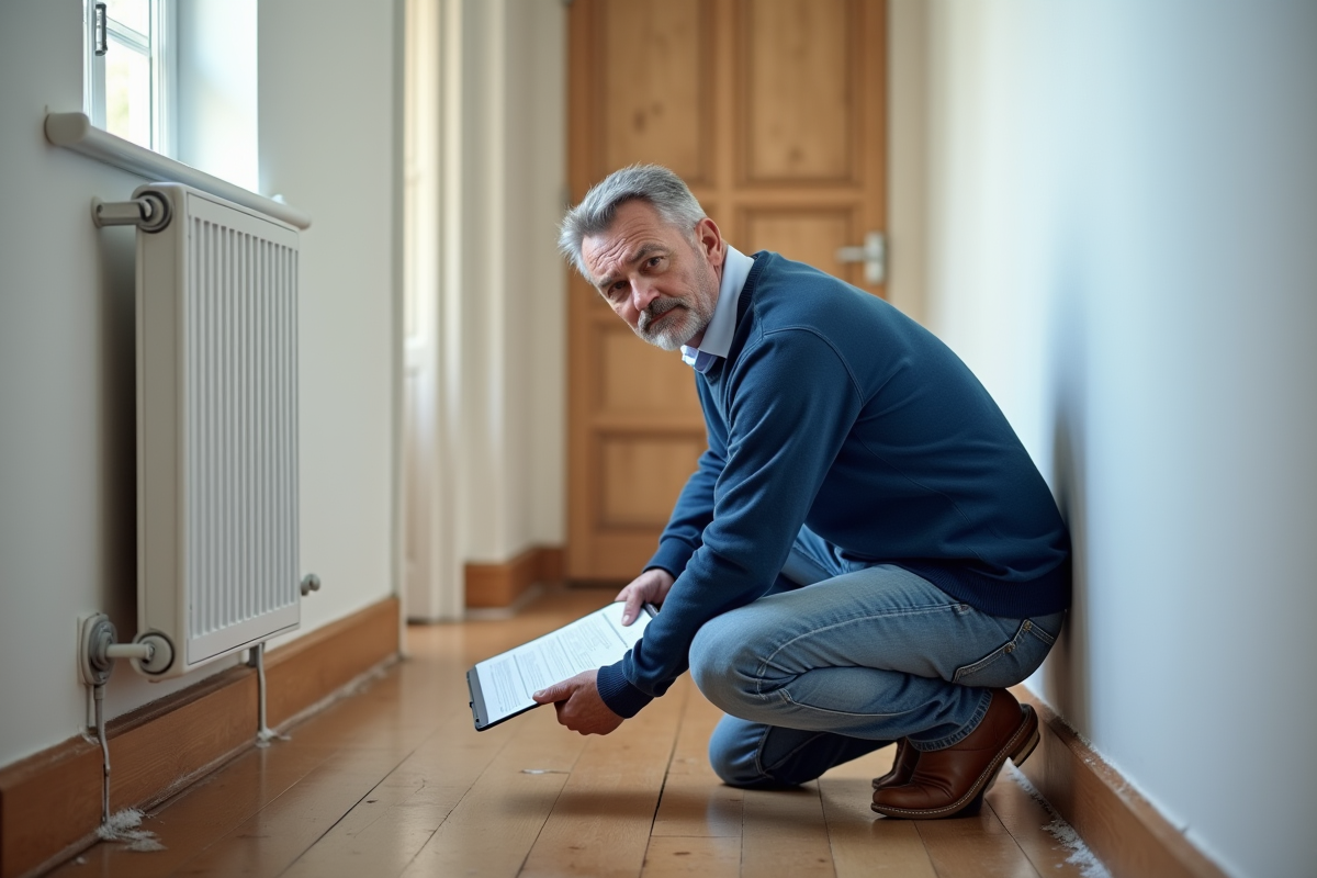 Homme mature en pull bleu inspectant des dégâts d