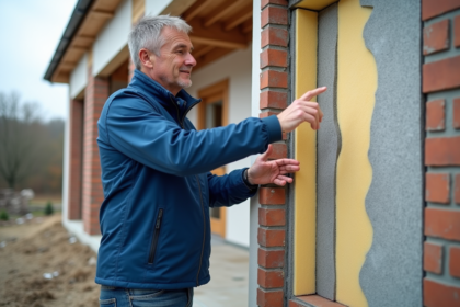 Hommes examine des panneaux isolants sur un chantier