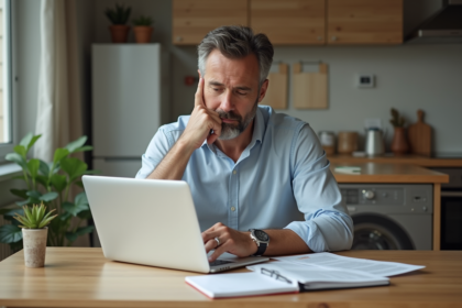 Homme d'âge moyen examinant des documents de location dans un appartement moderne
