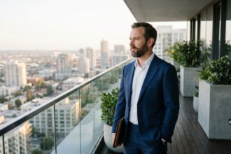 Homme en costume dans un penthouse avec vue urbaine