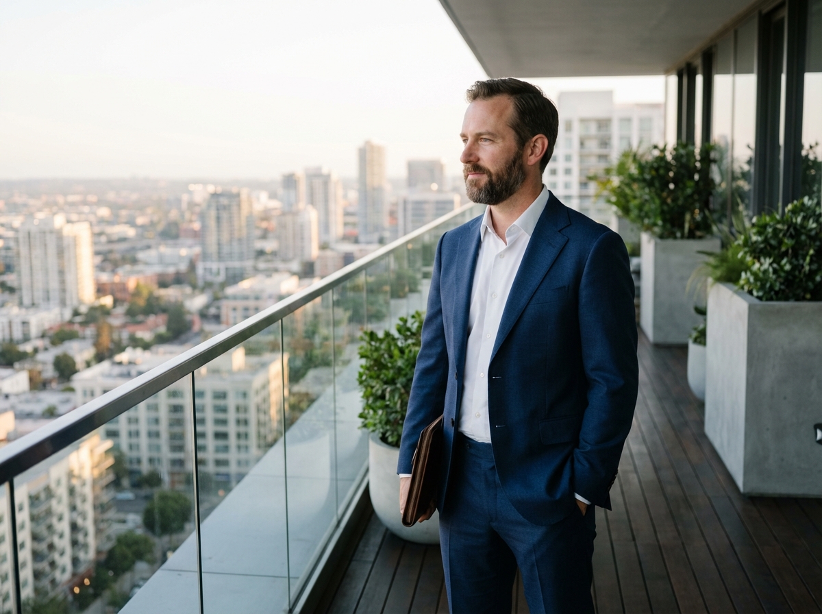 Homme en costume dans un penthouse avec vue urbaine