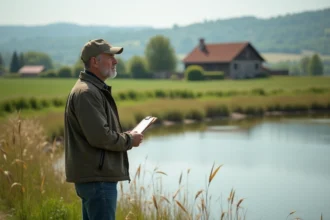 Homme d'âge moyen contemplant un étang paisible en plein air